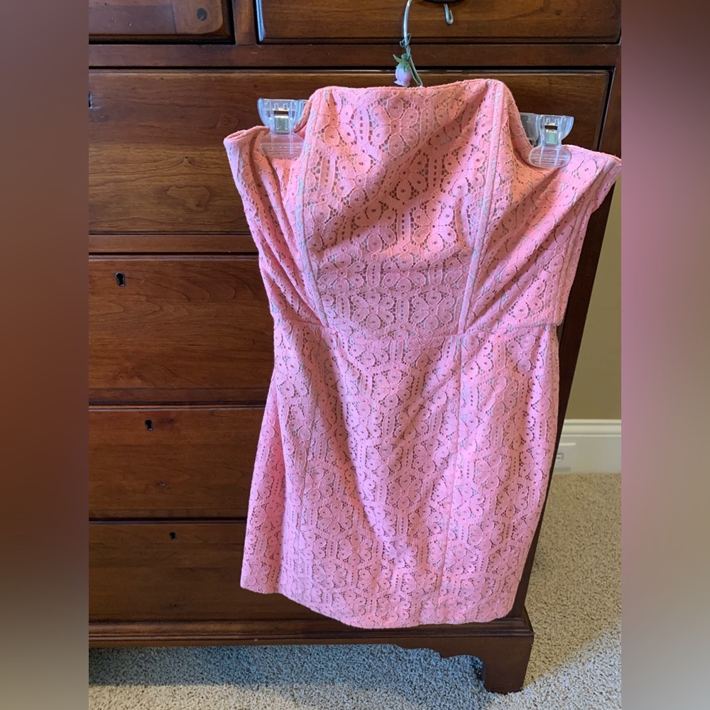 Corey Lynn Calter Coral Pink Lace Strapless Dress